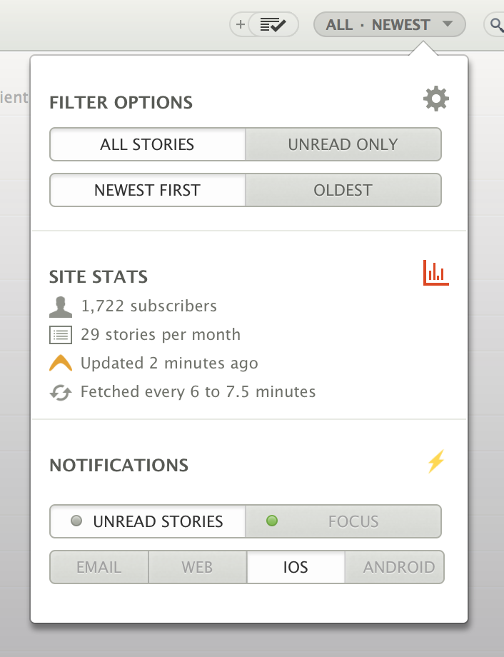 Notification settings per feed with web, email, iOS, and Android options